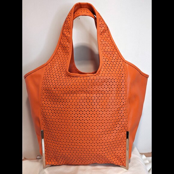 $145 NWT Orange GRAY SAKS FIFTH AVENUE Large Pleather Tote w/ Triangle Cutouts - Picture 1 of 5